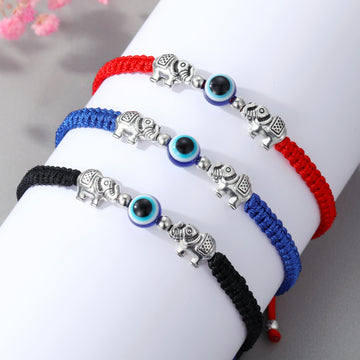 Silver Tone Elephant Blue Evil Eye Adjustable Cord Bracelets