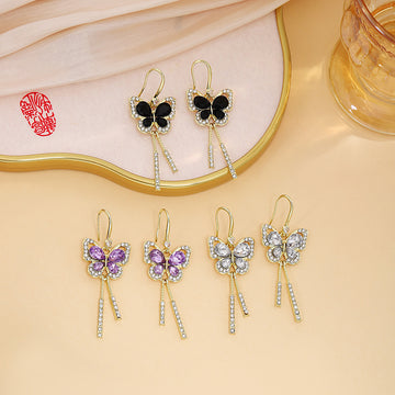 Gold Crystal Butterfly Drop Earrings With Bar Tassels