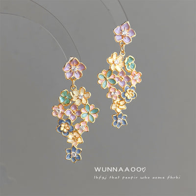 Gold-tone multicolor-enamel flower-cluster long earrings in the first product display.