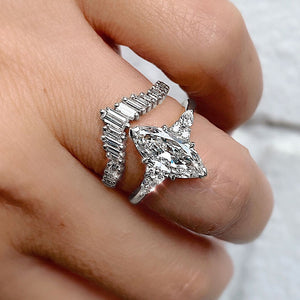 White Metal Marquise Center Crown Baguette Two Piece Stack Ring