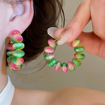 Pink and Green Beaded Hoop Earrings with Gold Tone Wire