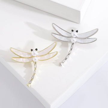 Shell Wing Dragonfly Brooch Pearl Body Gold Silver Tone