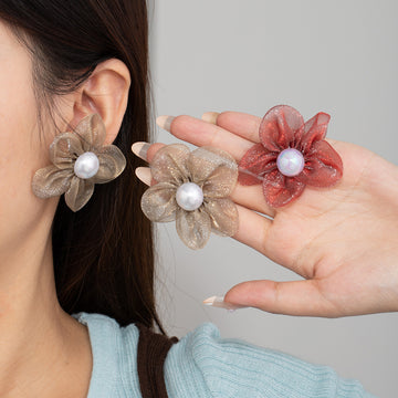 Sheer Fabric Flower Pearl Look Statement Stud Earrings
