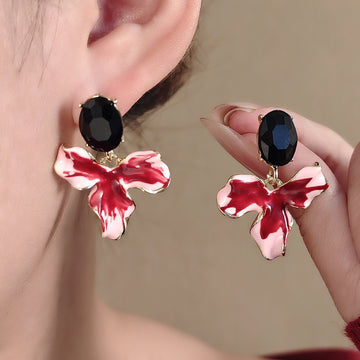 Black Oval and Red White Orchid Flower Stud Earrings