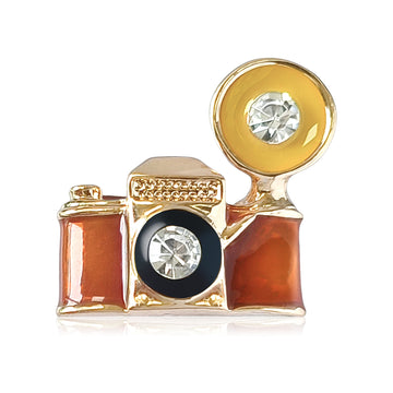Enamel Camera Brooch Gold Tone Flash Crystal Accent Pin