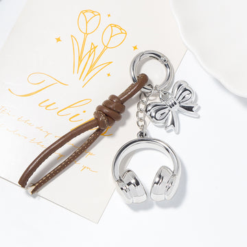 Silver Headphones Keychain Brown Leather Cord Bow Charm
