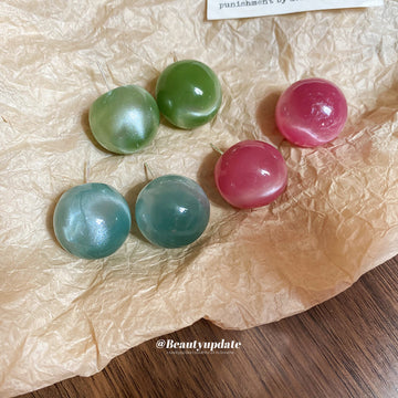 Glossy Round Stud Earrings in Pink Blue and Green Color Options