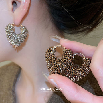 Light and Dark Brown Beaded Open Heart Hoop Earrings