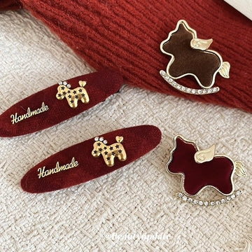Red Velvet Flocked Horse Barrette Brooch Two Styles