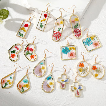 Gold Tone Geometric Pressed Flower Resin Hook Earrings