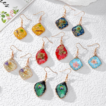 Wire Wrap Resin Dried Flower Drop Earrings 6 Styles