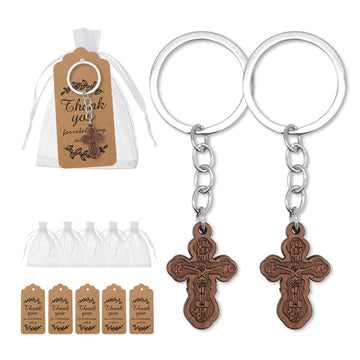 Wooden Orthodox Cross Keychain Silver Split Ring Chain