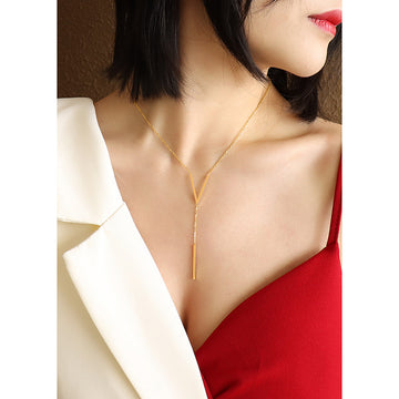 Minimalist V Bar Lariat Necklace Gold Steel Rose Gold