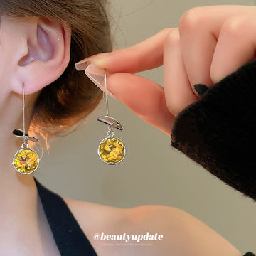 Silver Tone Hook Earrings With Amber Yellow Round Crystals