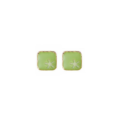 Light green square flower emboss stud earrings with gold edges on white