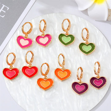 Gold Tone Double Heart Enamel Huggie Drop Earrings in Five Colors