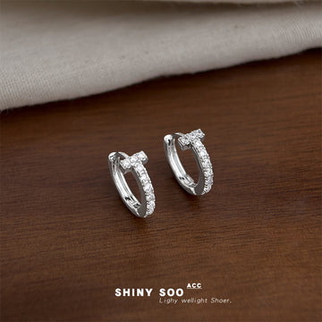 Silver Tone T Bar Pave Zircon Huggie Hoop Earrings