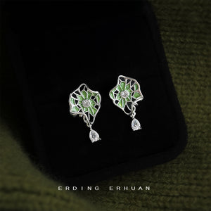 Silver-Tone Green Enamel Lotus Leaf Stud Earrings Teardrop
