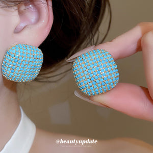 Large Turquoise Blue Crystal Pave Square Stud Earrings