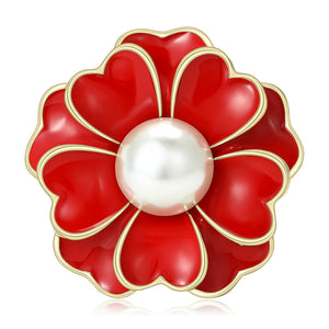 Peony Pearl Enamel Flower Brooch Black White Red Gold Rim