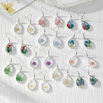 Teardrop Dried Flower Resin Drop Earrings Silver Hooks