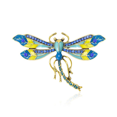 Blue and Yellow Enamel Dragonfly Brooch isolated front view