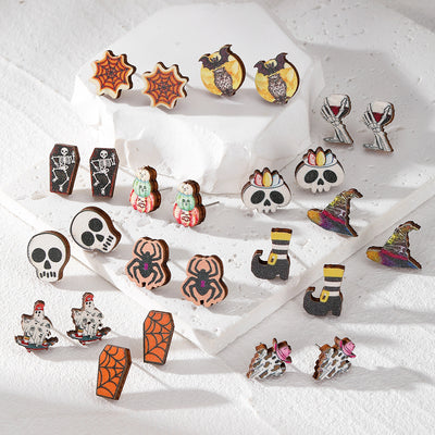 Main product view of halloween Wood Skull Ghost and Spider Stud Earrings in Nineteen Designs