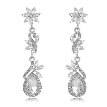 Silver Tone Flower Tassel Crystal Two Designs Metal Dangle Earrings