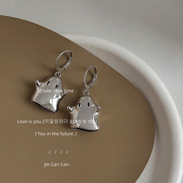 Silver Ghost Charm Huggie Hoop Drop Earrings Metal Pair