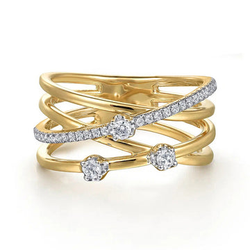 Crisscross Multi-Rail Clear Stone Wide Ring In Gold Tone