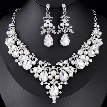 Black Silver Tone Pearl Crystal Cluster Crystal Pearl Look Four Designs Metal Necklace and