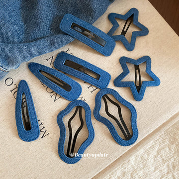 Blue Denim Fabric Duckbill Snap Hair Clip 2 Shapes