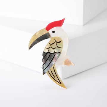 Red Crested Bird Enamel Metal Brooch with Layered Wings