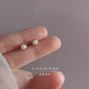 Mini Gold Open Flower Pearl Stud Earrings Tiny Frame