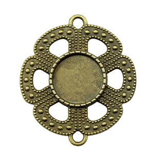 Flower Round Cabochon Connector Tray in Antique Bronze Metal Finish