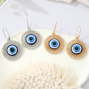 Large Round Crystal Evil Eye Hook Earrings in Gold and Silver Tone