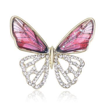 Butterfly Brooch With Printed Wings and Clear Crystal Filigree