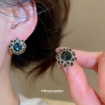 Blue Crystal Flower Halo Stud Earrings with Gold Tone Trim