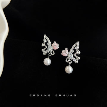 Silver Tone Liquid Butterfly Pearl Drop Earrings Pink Flower