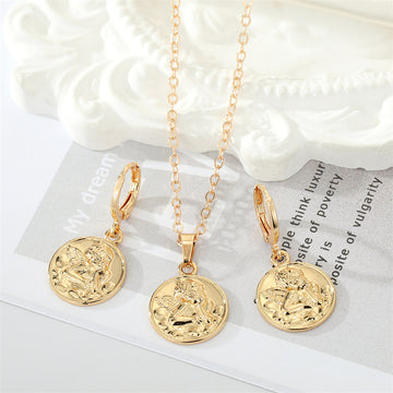 Gold Tone Embossed Cherub Coin Necklace and Huggie Earrings