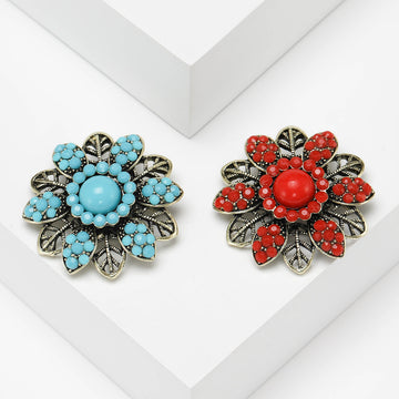 Antique Bronze Beaded Flower Brooch Turquoise Red Two Colors