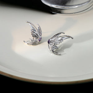 Silver-Tone Butterfly Wing Stud Earrings with Purple Stone, Electroplated Alloy
