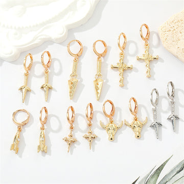 Gold and Silver Tone Symbol and Weapon Huggie Drop Earrings