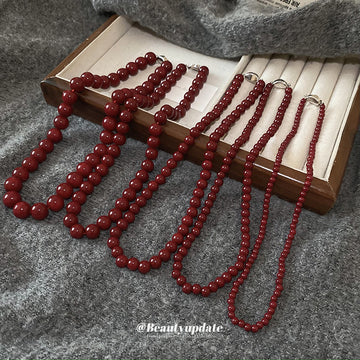 Red Glossy Round Bead Strand Necklace Eight Size Variants