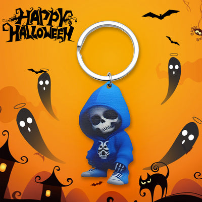 Blue hoodie skeleton wooden keychain on Happy Halloween graphic