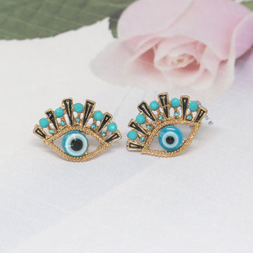 Gold Tone Turquoise Bead Lash Evil Eye Stud Earrings