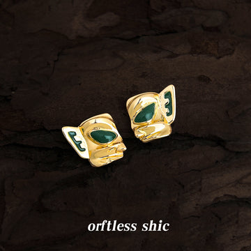 Gold Abstract Face Mask Stud Earrings Green Enamel Eyes