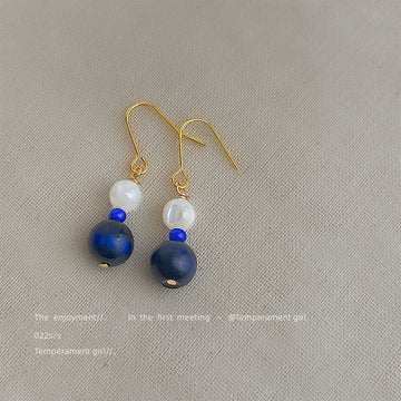 Gold Fishhook Earrings White Shell Dark Blue Stone Drops