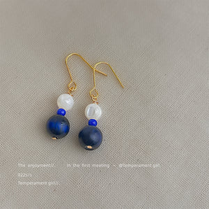 Gold Fishhook Earrings White Shell Dark Blue Stone Drops