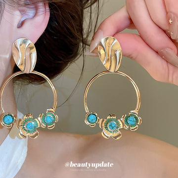 Turquoise Bead Floral Hoop Drop Earrings with Polished Metal Tone Details